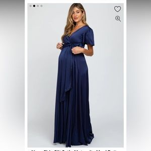 NWOT Pinkblush Navy Side Slit Satin Maternity Maxi Dress Size Small